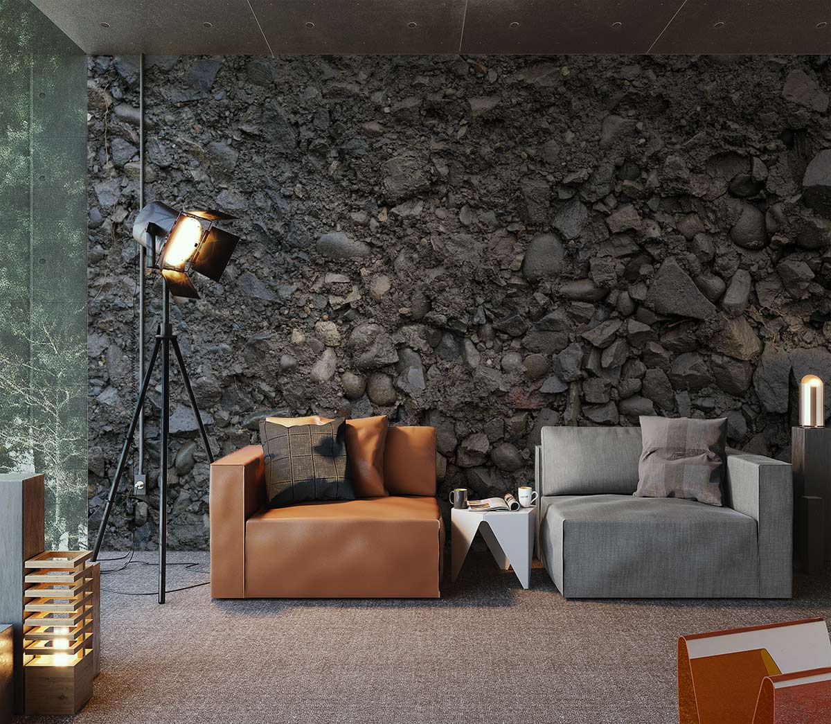 Urban Industrial Stone Texture Grey Wallpaper with brown and grey sofas, modern floor lamp, carpet flooring.