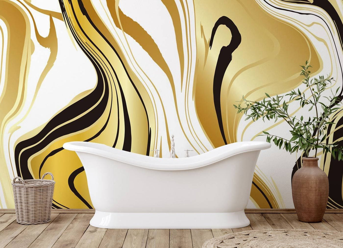 Luxury gold and black swirl wallpaper, modern bathroom design with white bathtub and wooden flooring.