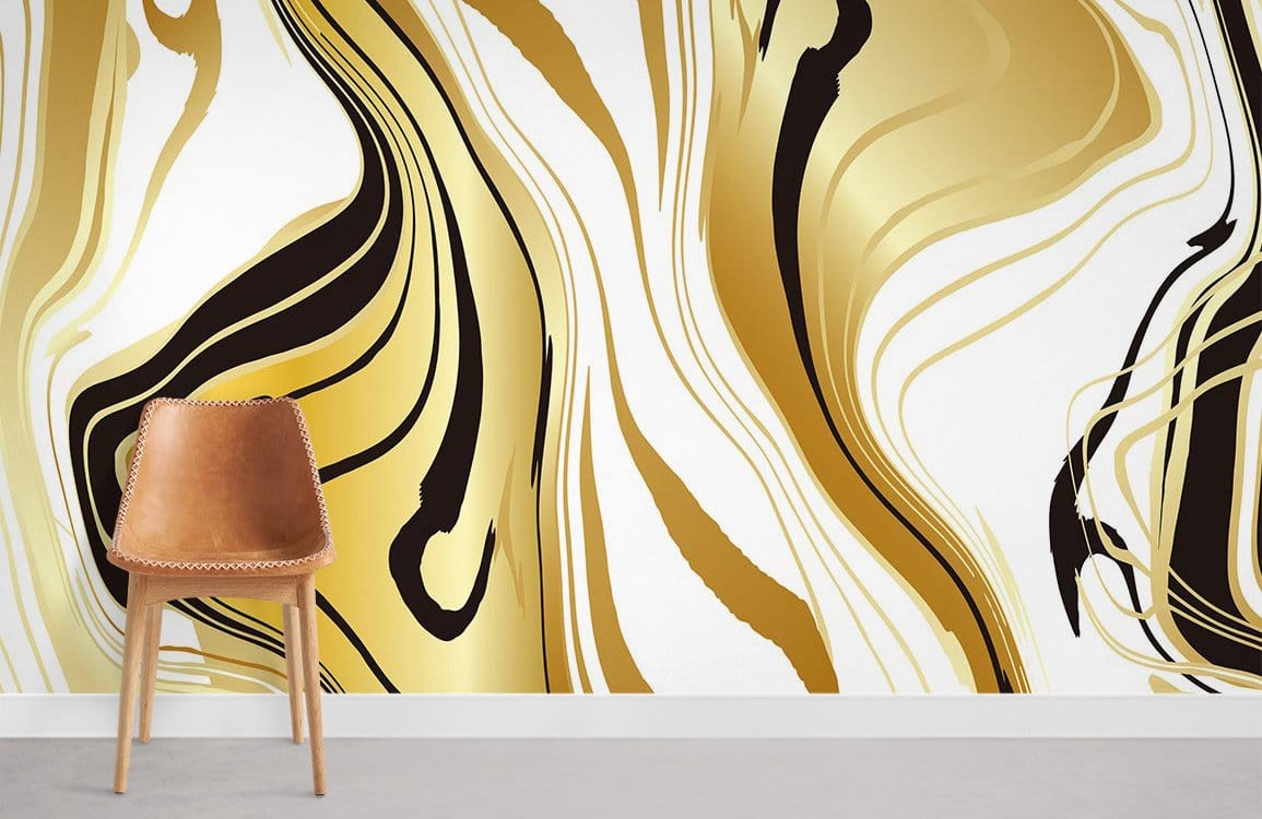 Luxury Gold and Black Swirl Wallpaper with brown chair, modern concrete floor in living room.
