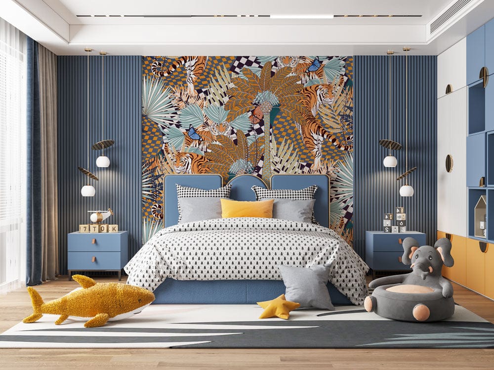 Tropical safari-themed wallpaper with blue accents; modern bedroom design with stylish furniture, plush bed.