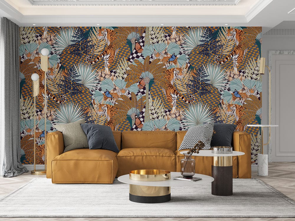 Tropical Safari-Inspired Wallpaper in lounge with brown leather sofa, modern lighting, and striped rug flooring.