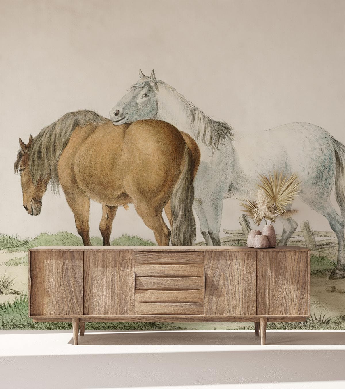 Vintage equestrian wallpaper mural with horses, wooden sideboard, rustic room style, neutral wall colour.