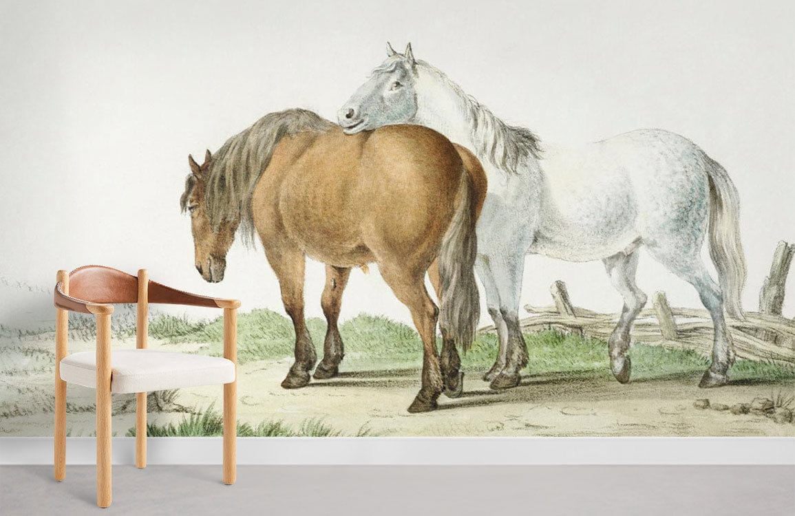 Vintage equestrian wallpaper mural with horses, rustic style; light wooden chair, grey flooring.