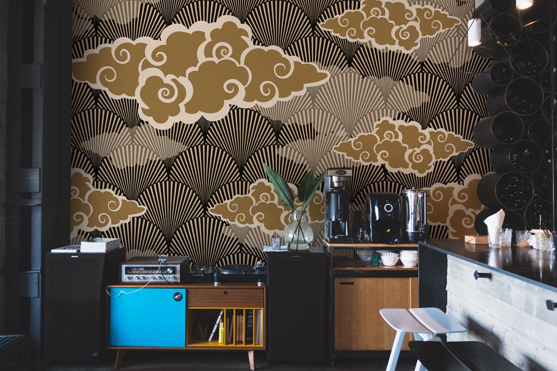 Vintage Japanese Art Deco wallpaper in kitchen with black cabinets, modern furniture, gold cloud pattern.