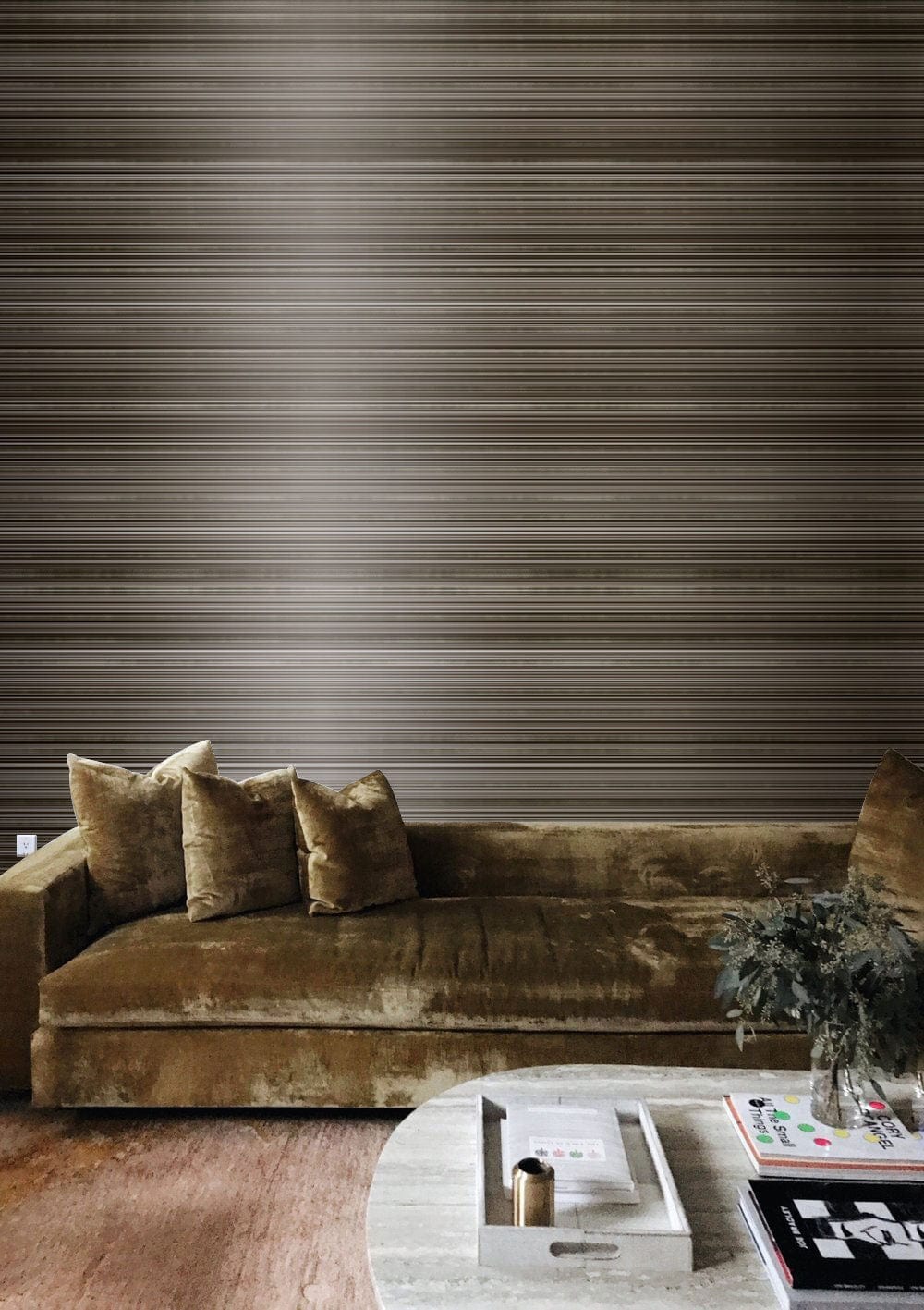 Elegant horizontal striped earthy wallpaper, velvet sofa, modern interior decor, round coffee table, plush rug.