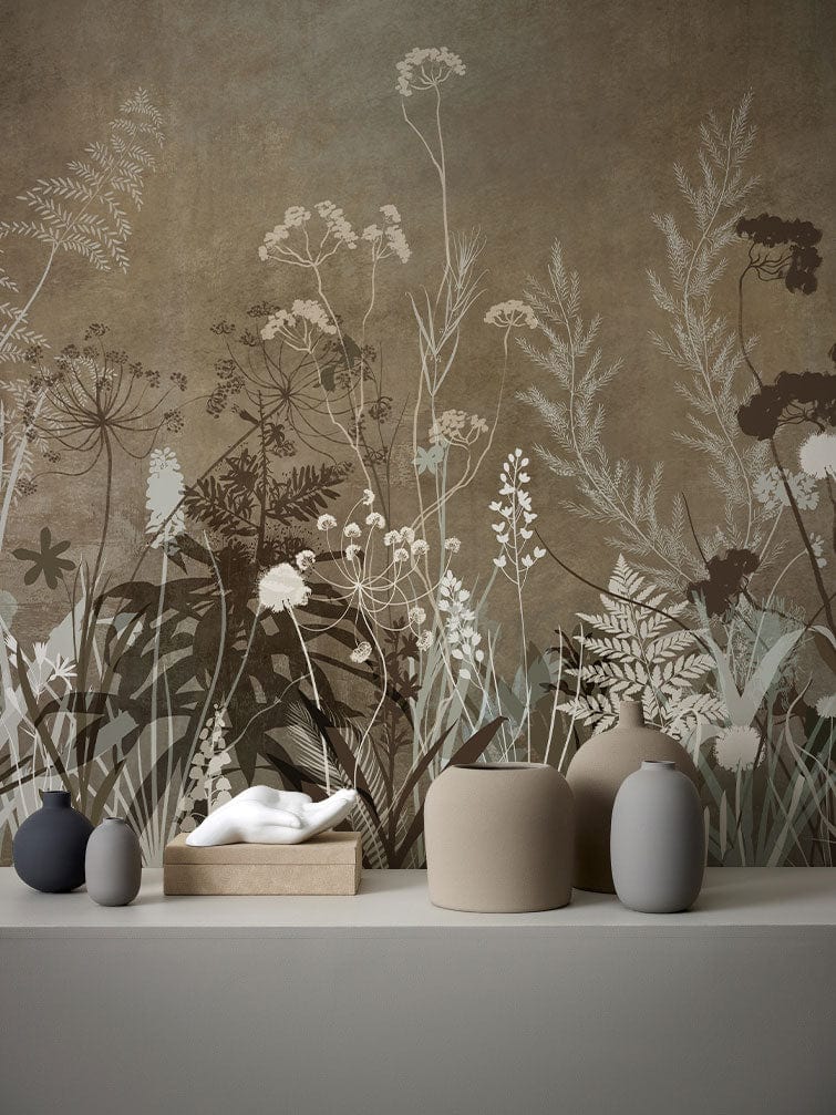 Vintage Botanical Meadow Mural Wallpaper, earthy tones, rustic elegance. Minimalistic decor complements floral design.