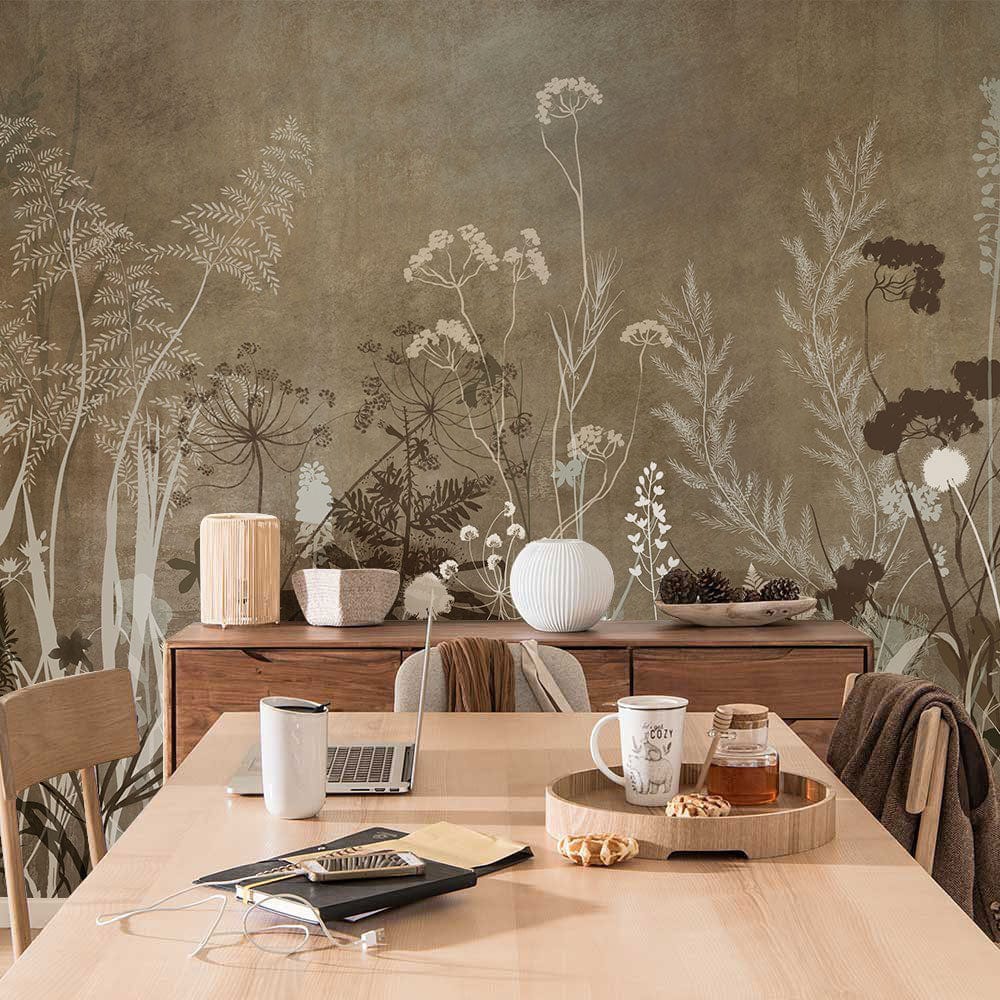 Vintage Botanical Meadow Mural Wallpaper, earthy tones, dining room, wooden table, rustic chairs, natural decor.