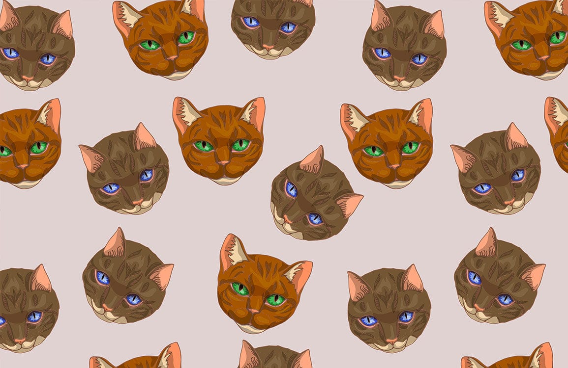 Charming Cat Faces Pattern Wallpaper - Brown and Green Playful Design