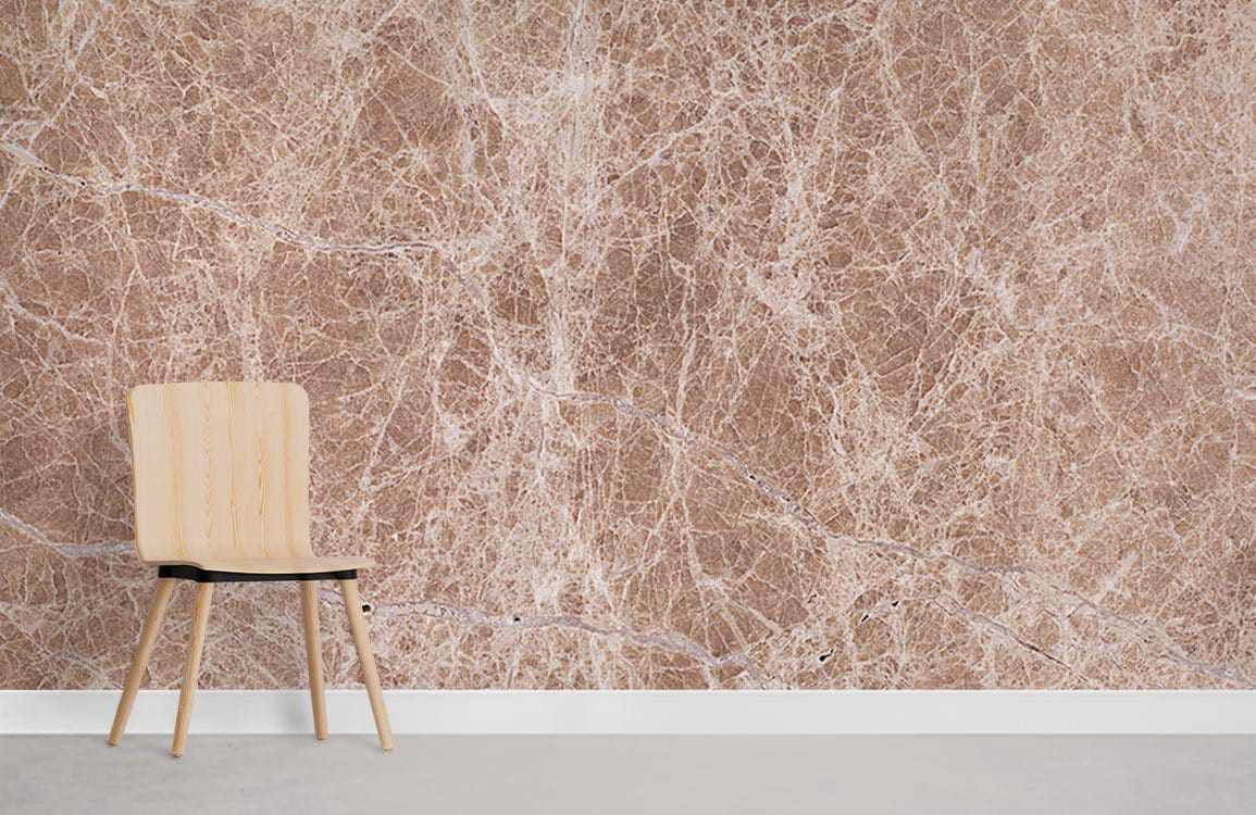 Elegant beige marble texture wallpaper with wooden chair on sleek grey flooring in modern interior design.