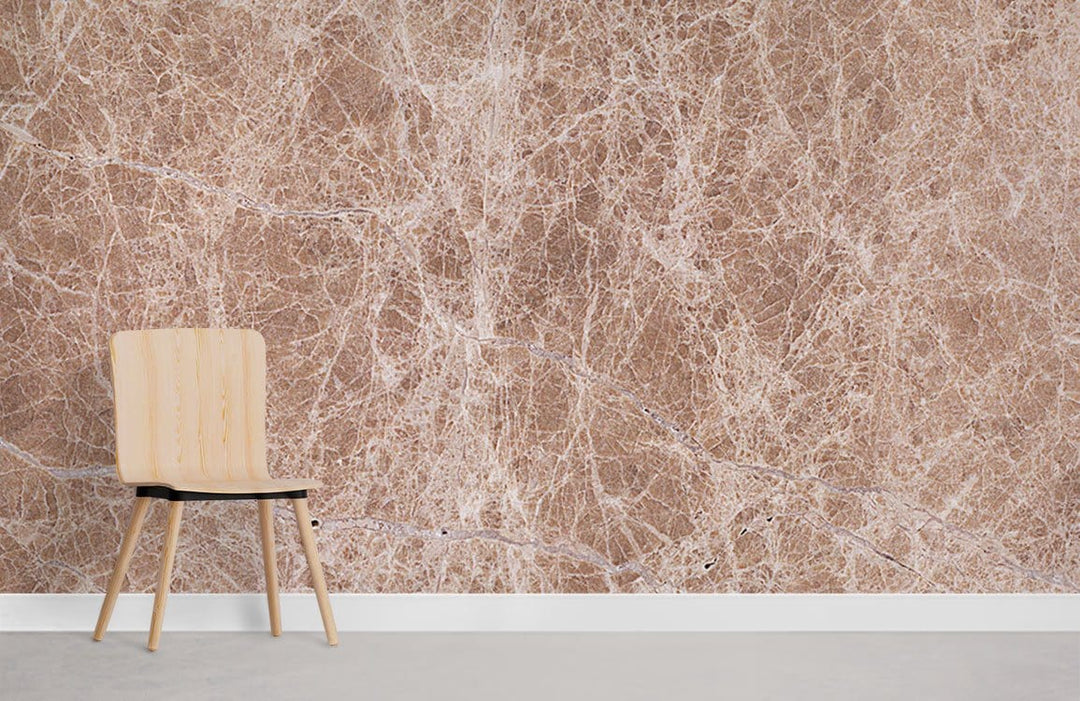 Elegant beige marble texture wallpaper with wooden chair on sleek grey flooring in modern interior design.