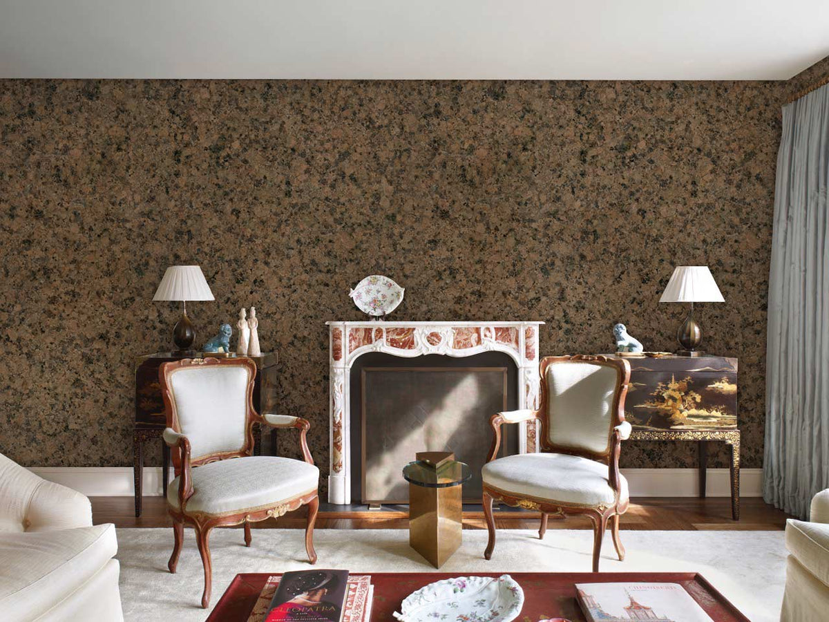 Elegant Earth Tones Speckled Wallpaper in living room, featuring classic armchairs, fireplace, and curtains.
