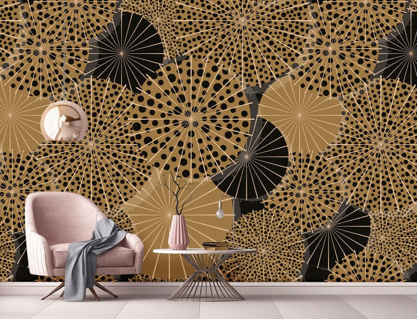 Retro Chic geometric wallpaper in black and gold, modern sofa, decorative mirrors, and tiled flooring.