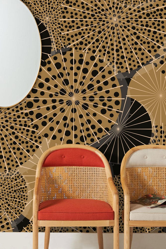 Retro Chic wallpaper with orange and beige chairs in an interior setting, featuring geometric dotted patterns.