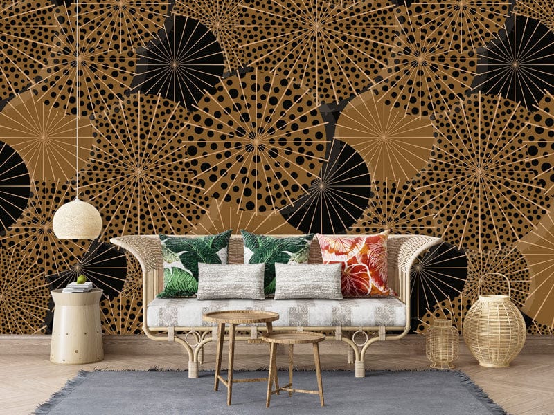 Retro Chic Black and Gold Geometric Wallpaper, natural sofa, grey rug, modern interior design.