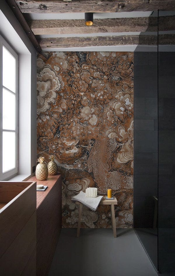Vintage Earthy Marble Patterned Wallpaper in rustic bathroom, wooden beams, stone flooring, minimalist design.