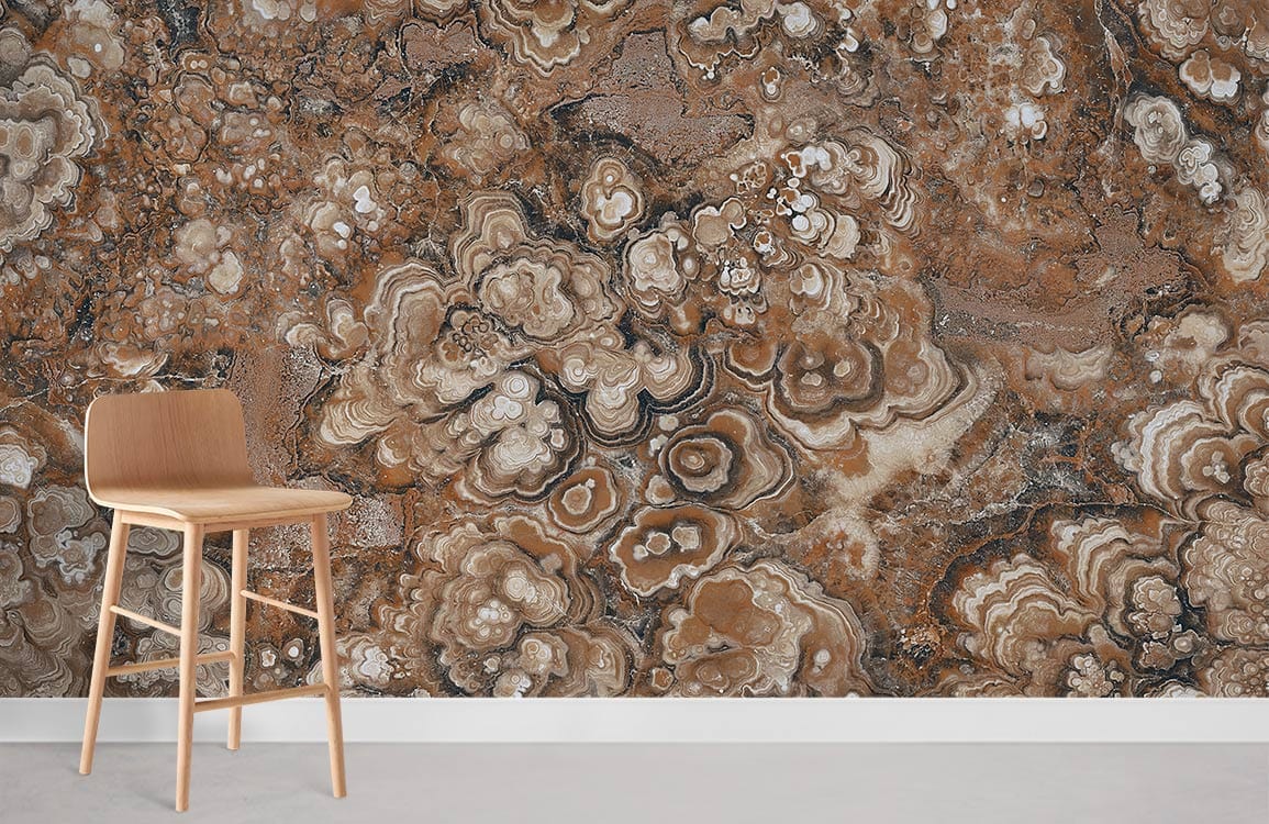 Vintage Earthy Marble Patterned Wallpaper, brown and tan, elegant interior, wooden chair, white skirting.