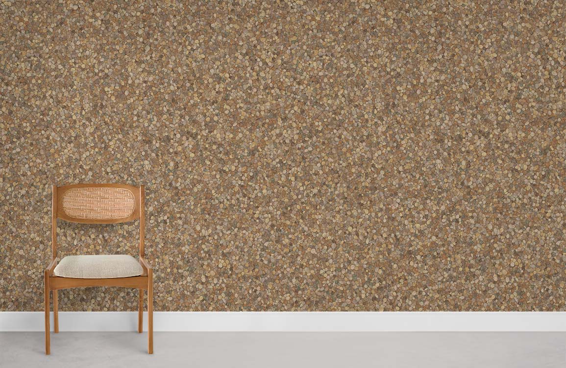 Textured Pebble Pattern Wallpaper in earthy tones with wooden chair on grey flooring in living room.