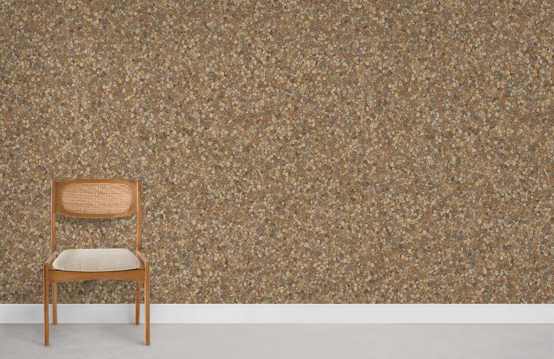 Textured Pebble Pattern Wallpaper in earthy tones with wooden chair on grey flooring in living room.