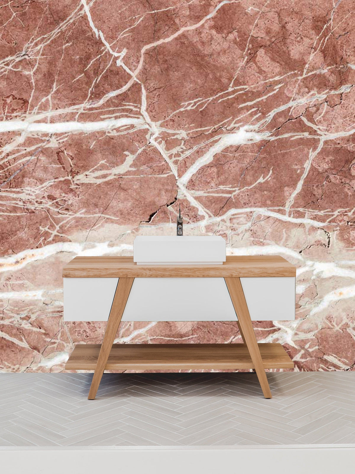 Elegant rustic pink marble texture wallpaper with modern wood vanity in stylish bathroom.
