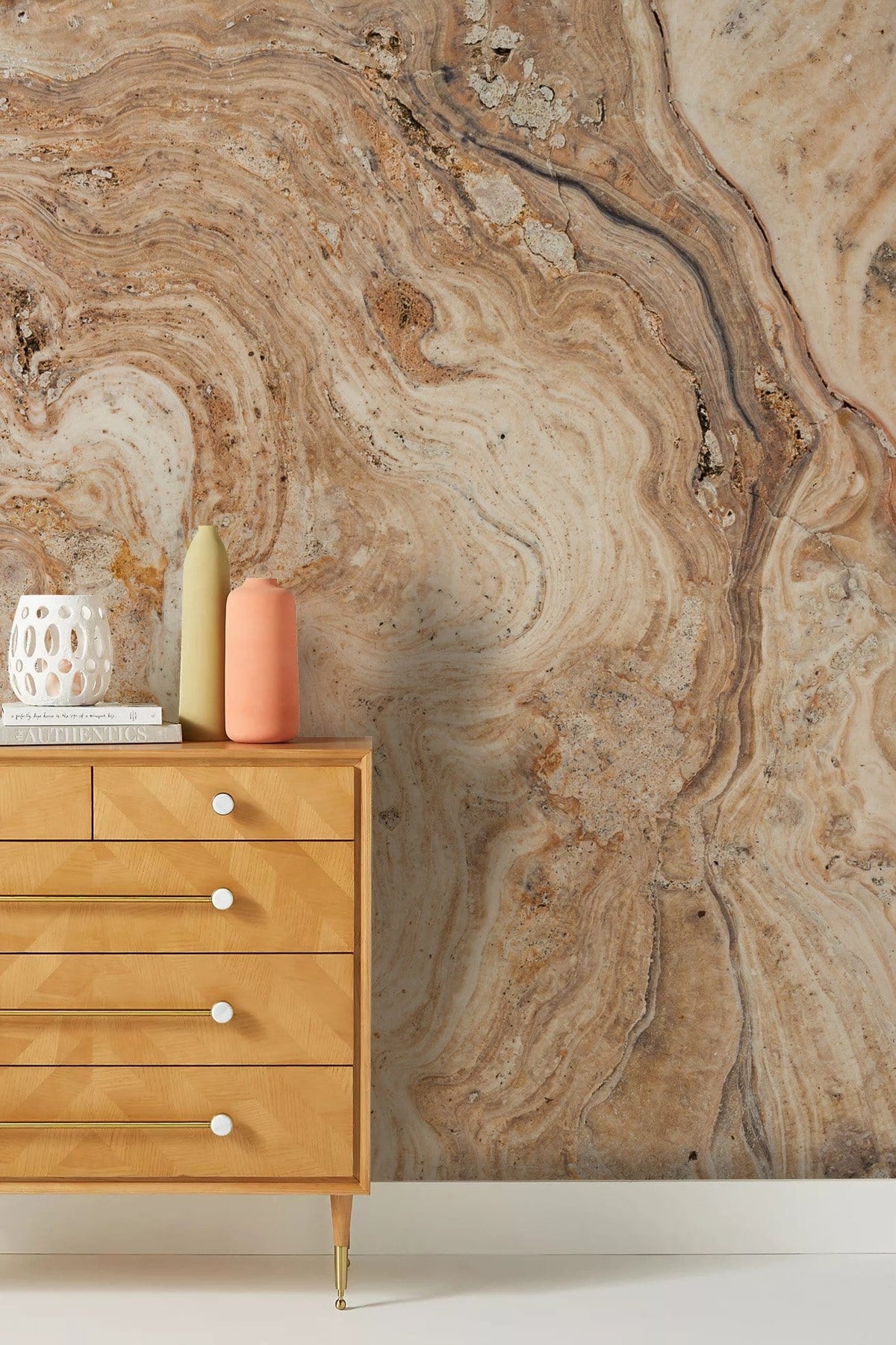 Rustic Beige Marble Effect Wallpaper with swirling patterns, mid-century modern chest of drawers, cosy room.