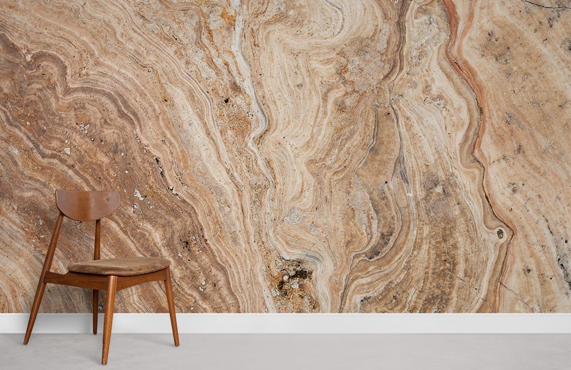 Rustic Beige Marble Effect Wallpaper with elegant patterns, featuring wooden chair on grey flooring.