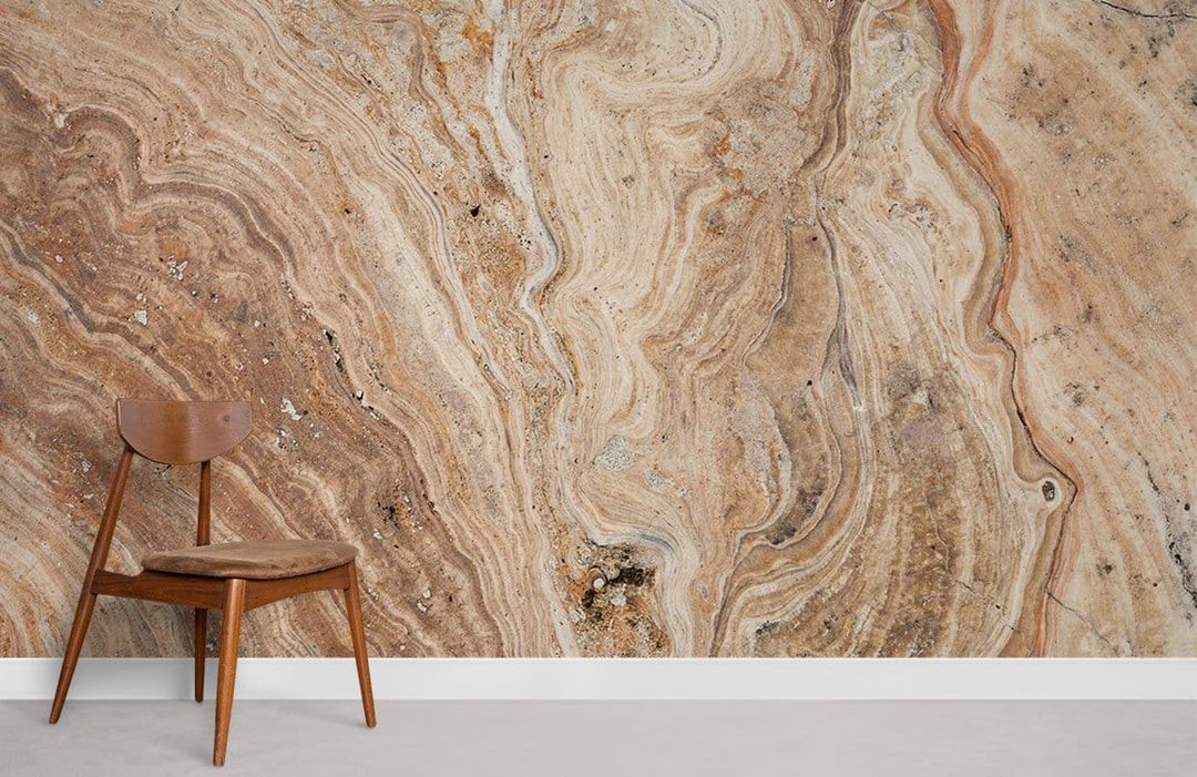 Rustic Beige Marble Effect Wallpaper with elegant patterns, featuring wooden chair on grey flooring.
