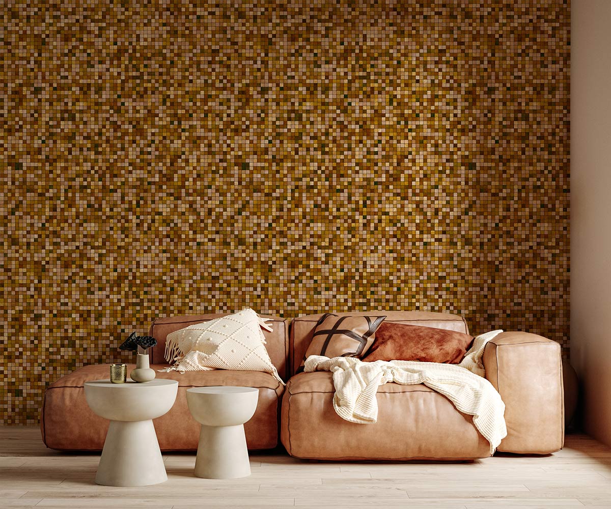 Golden Mosaic Tile Patterned Wallpaper with Earthy Tones behind beige sofa, wooden flooring, round tables.