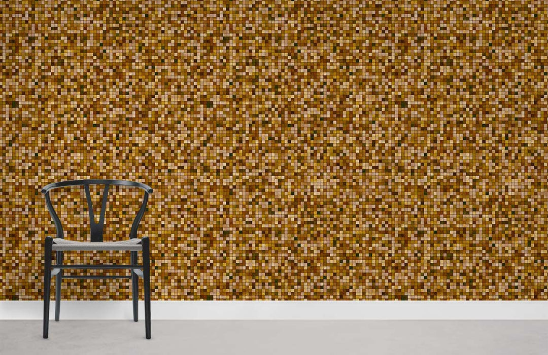 Golden Mosaic Tile Patterned Wallpaper with Earthy Tones, black chair, in modern grey-floored room.