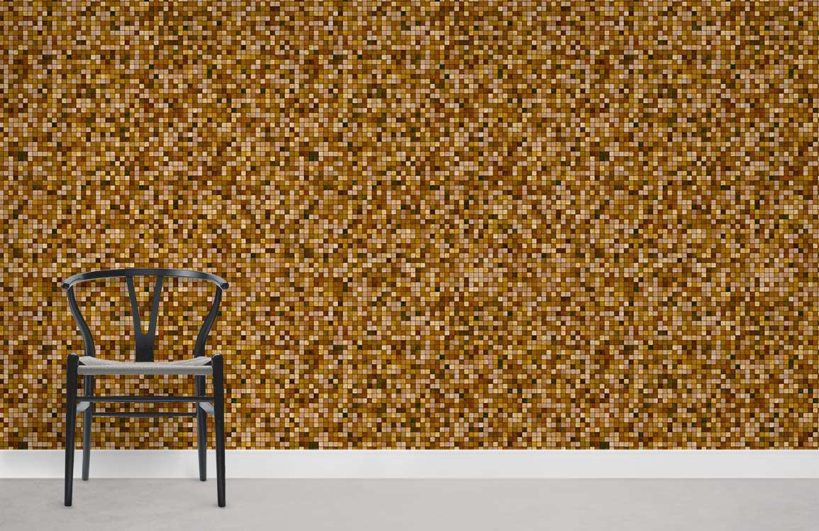 Golden Mosaic Tile Patterned Wallpaper with Earthy Tones, black chair, in modern grey-floored room.