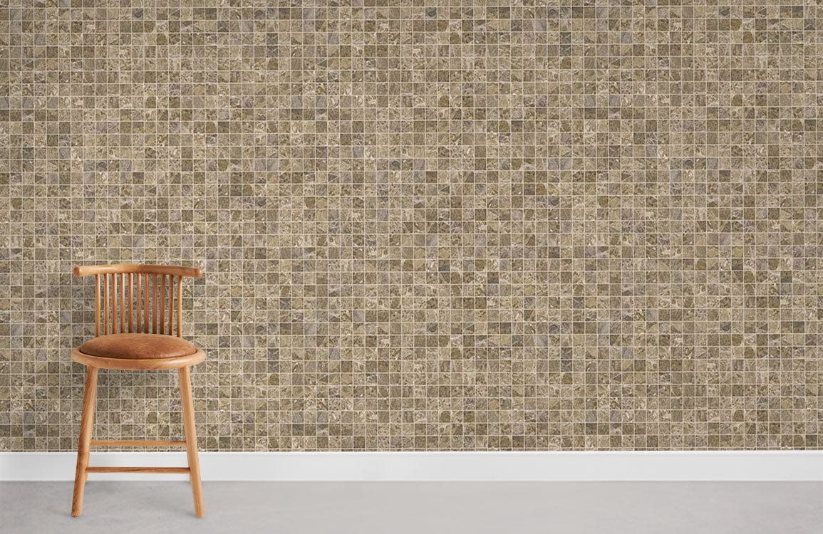 Elegant Rustic Mosaic Beige Wallpaper with wooden chair on concrete floor in contemporary room design.