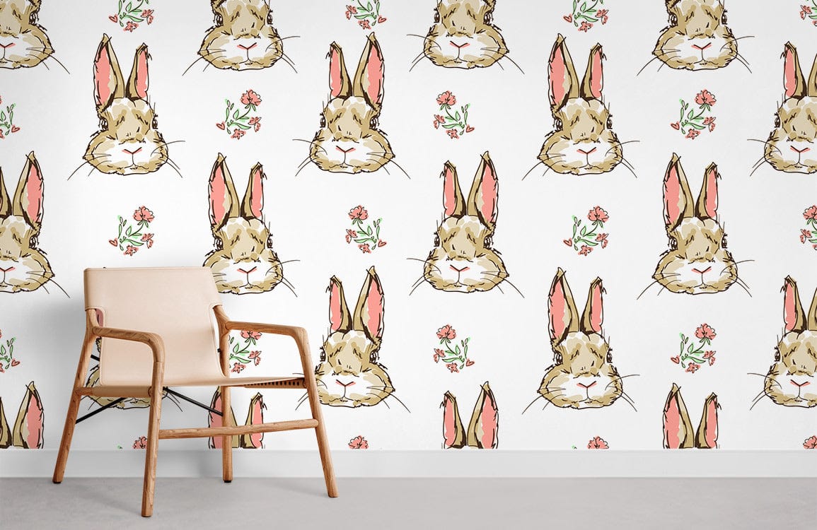 Charming Bunny Floral Wallpaper, pastel nursery decor, beige chair, grey flooring, whimsical design.