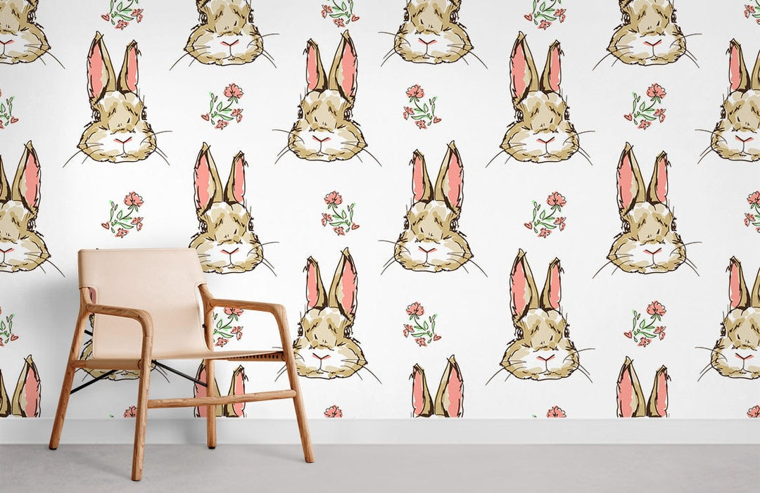 Charming Bunny Floral Wallpaper, pastel nursery decor, beige chair, grey flooring, whimsical design.
