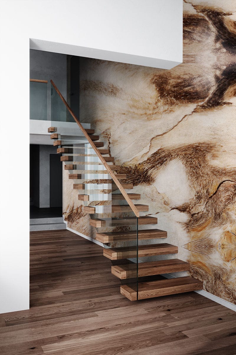 Modern staircase with Textured Earth Tones Abstract Stone Pattern Mural Wallpaper, natural wood flooring hallway.