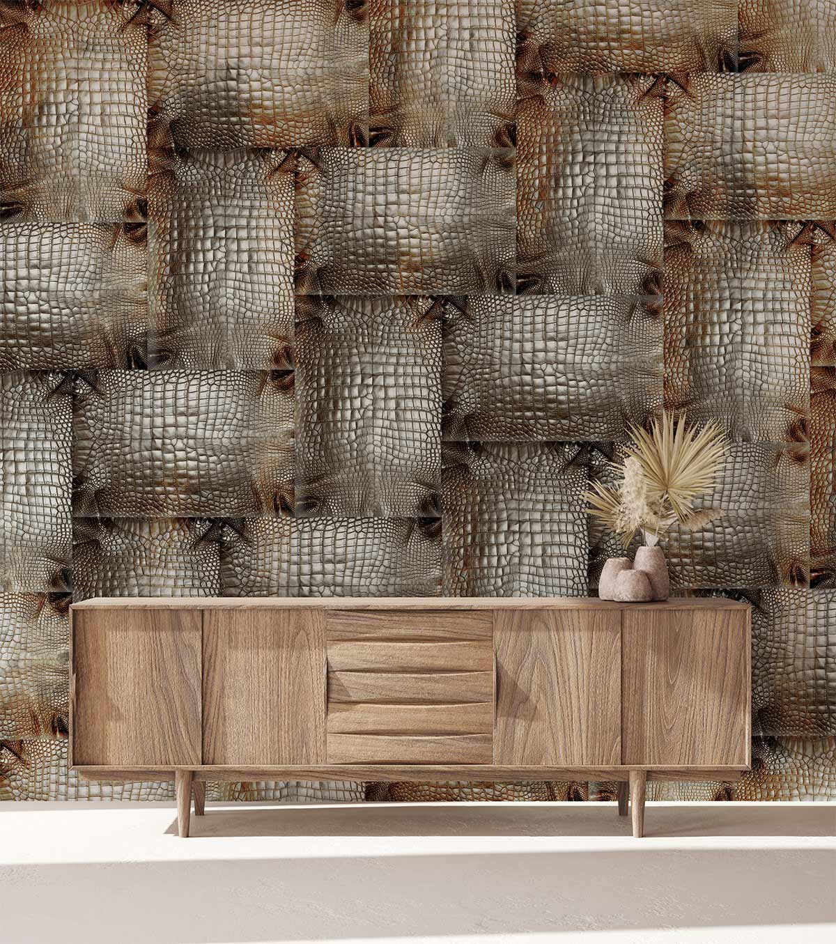 Rustic Woven Texture Wallpaper in earthy tones, wooden sideboard, modern interior. Contemporary decor.