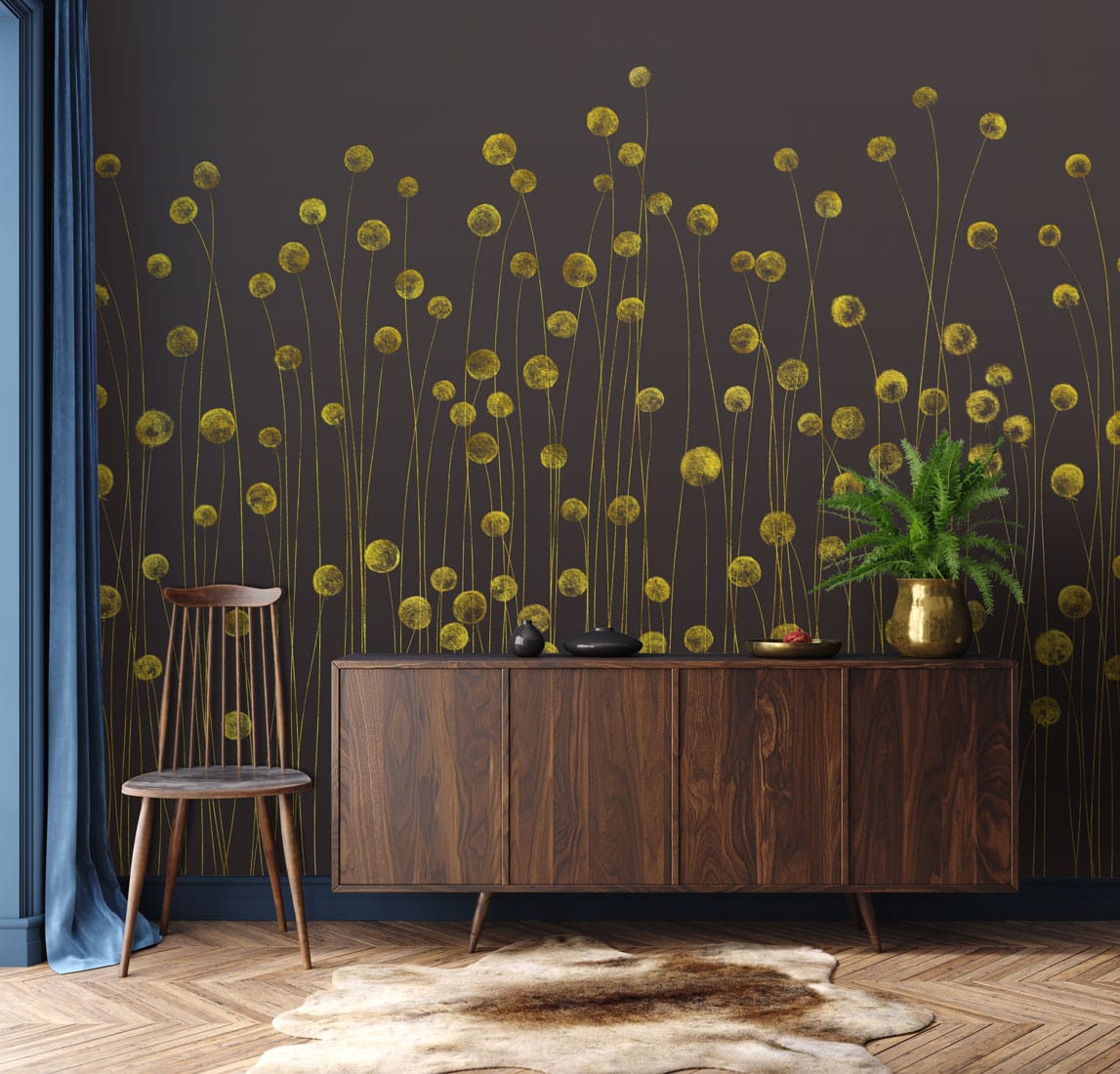 Golden Meadow floral wallpaper with dark brown design, wooden cabinet, chair, herringbone floor, rug.