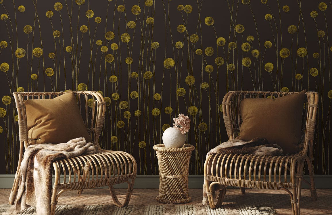 Golden Meadow floral wallpaper in dark brown with elegant chairs, rattan accents, and cosy throws.