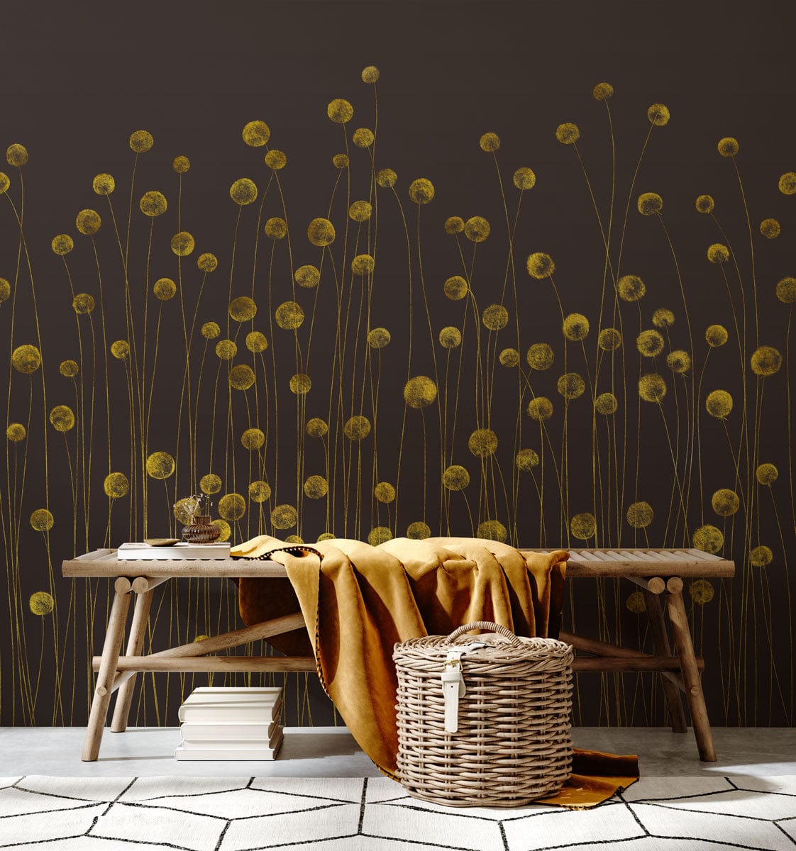 Golden Meadow dark brown wallpaper with floral pattern, wooden bench, modern chevron flooring style.