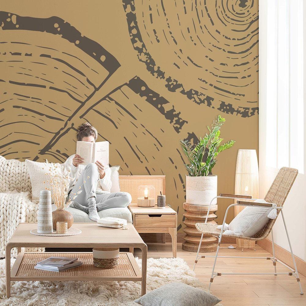 Vintage Timber Pattern Wallpaper, earthy brown, wooden furniture, cosy living room, textured rug, calm ambience.