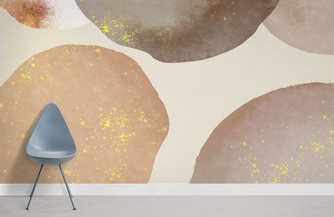 Earthy Tones abstract wallpaper with gold accents, grey chair, minimalistic room, modern ambience.
