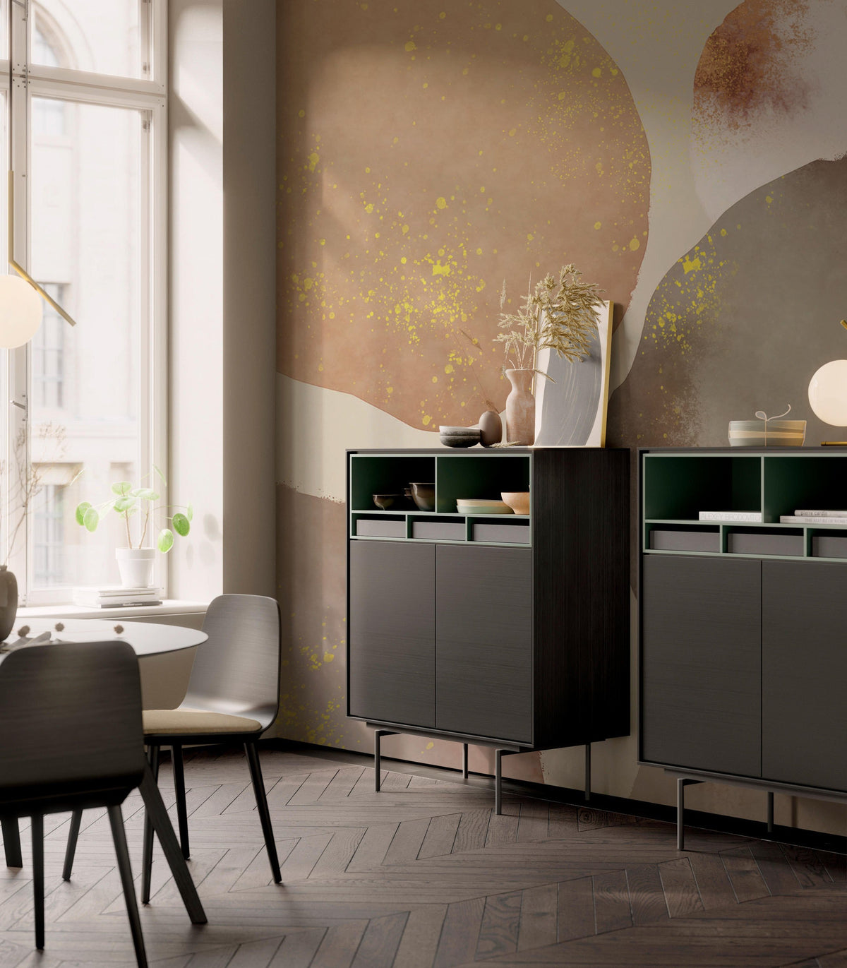 Earthy Tones Abstract Watercolour Wallpaper with Gold Accents in dining room, modern cabinets, wooden flooring.