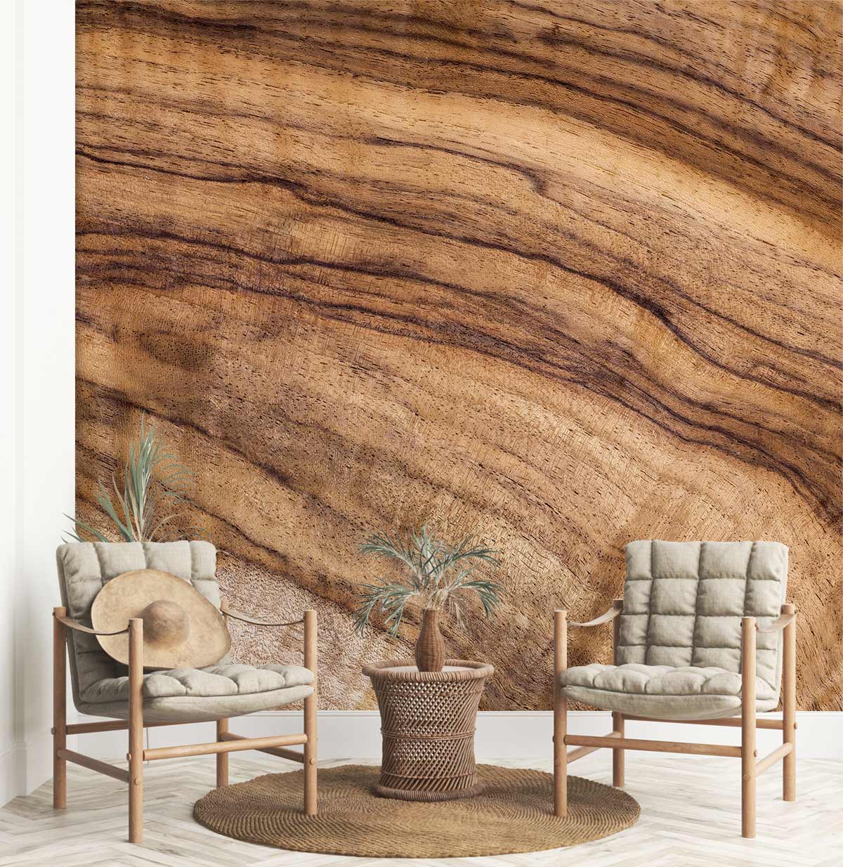 Natural Wood Grain Texture Brown Wallpaper, rustic decor, neutral chairs, wicker table, modern lighting.