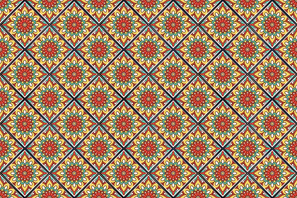 Multicoloured Geometric Floral Pattern Wallpaper - Vibrant Moroccan Style Design