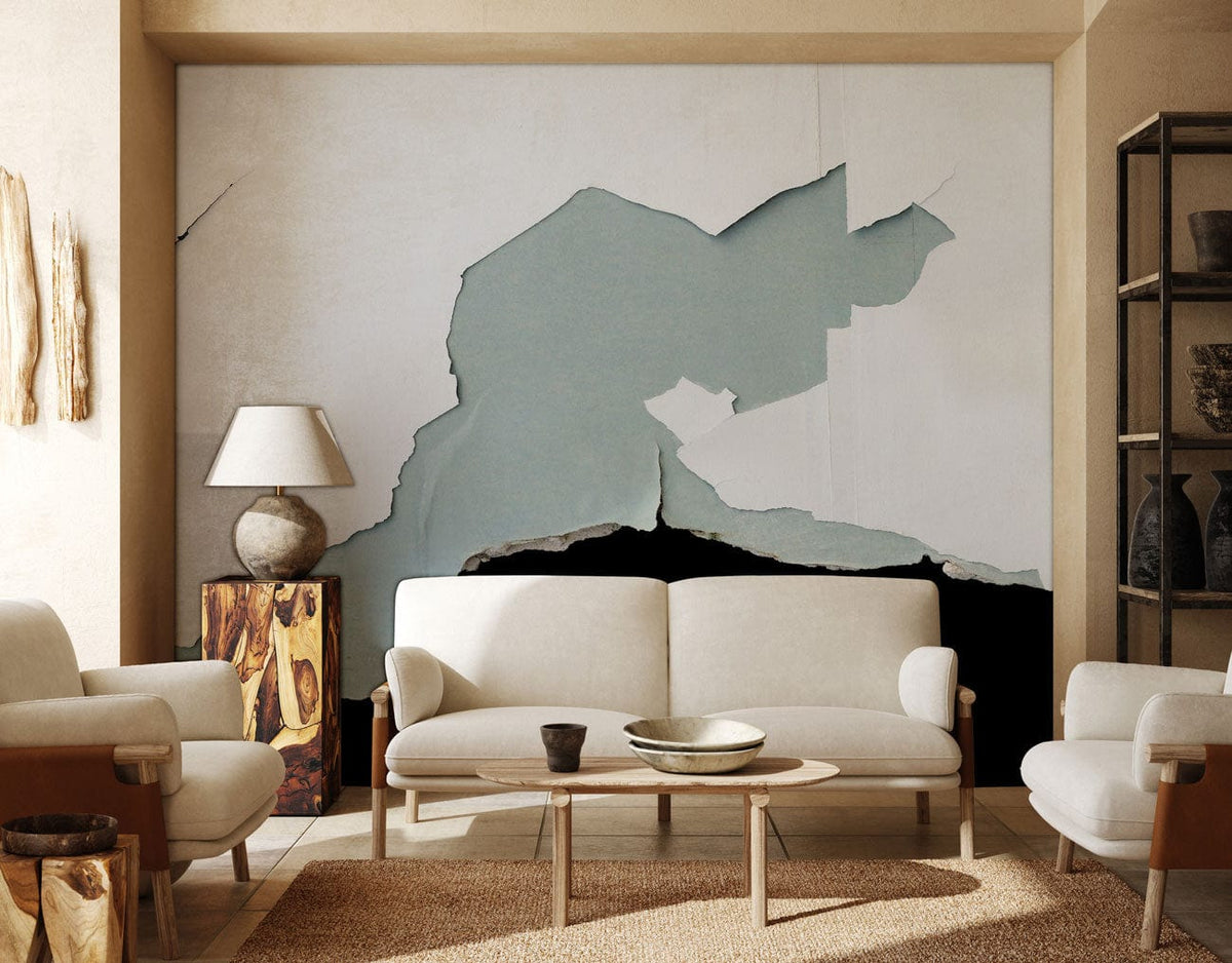 Vintage Distressed Blue and White Wallpaper in cosy living room with beige sofas and wooden flooring.