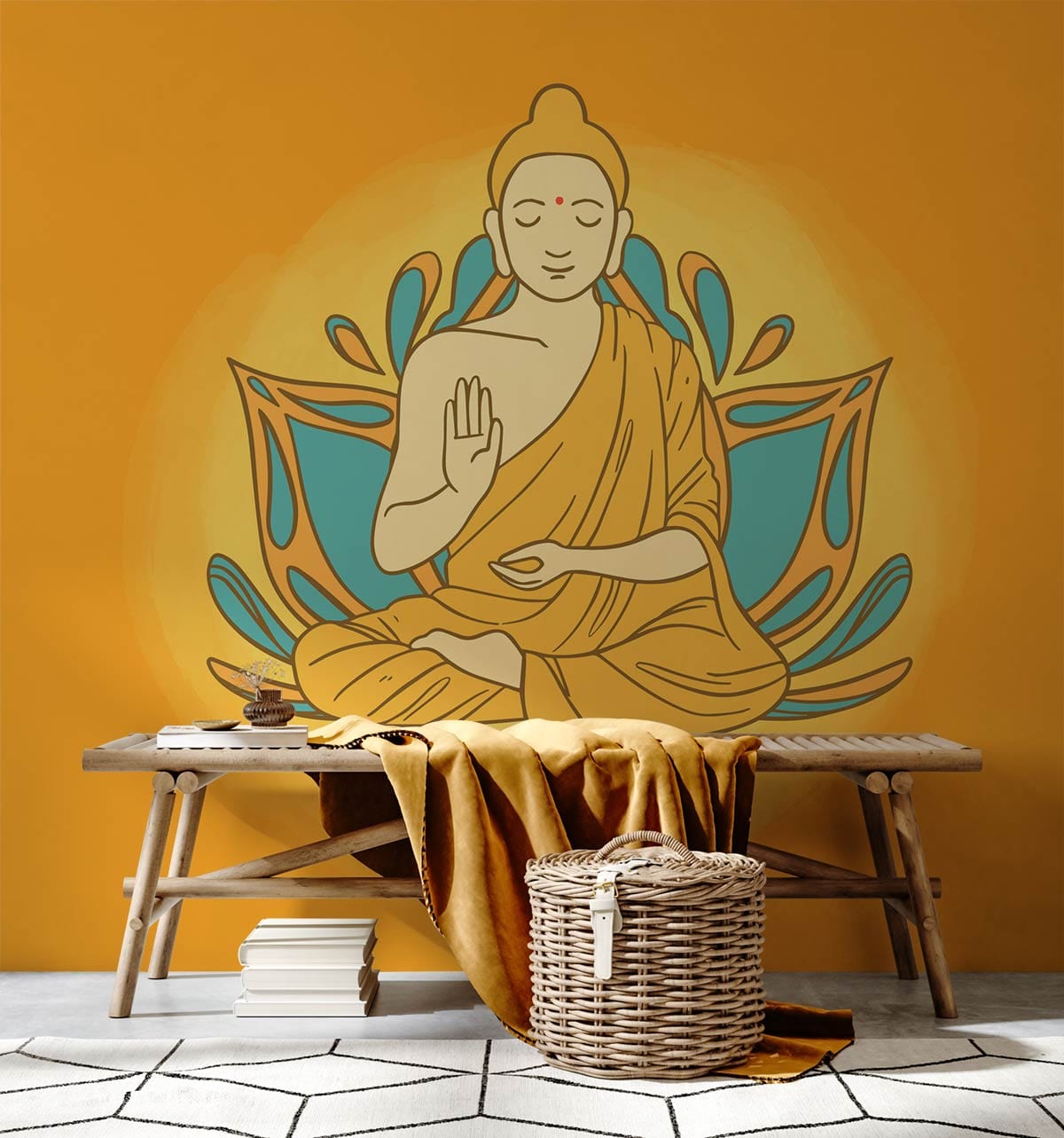 Serene Buddha Meditation Mural Wallpaper, vibrant orange-blue; wicker bench; geometric floor tiles.