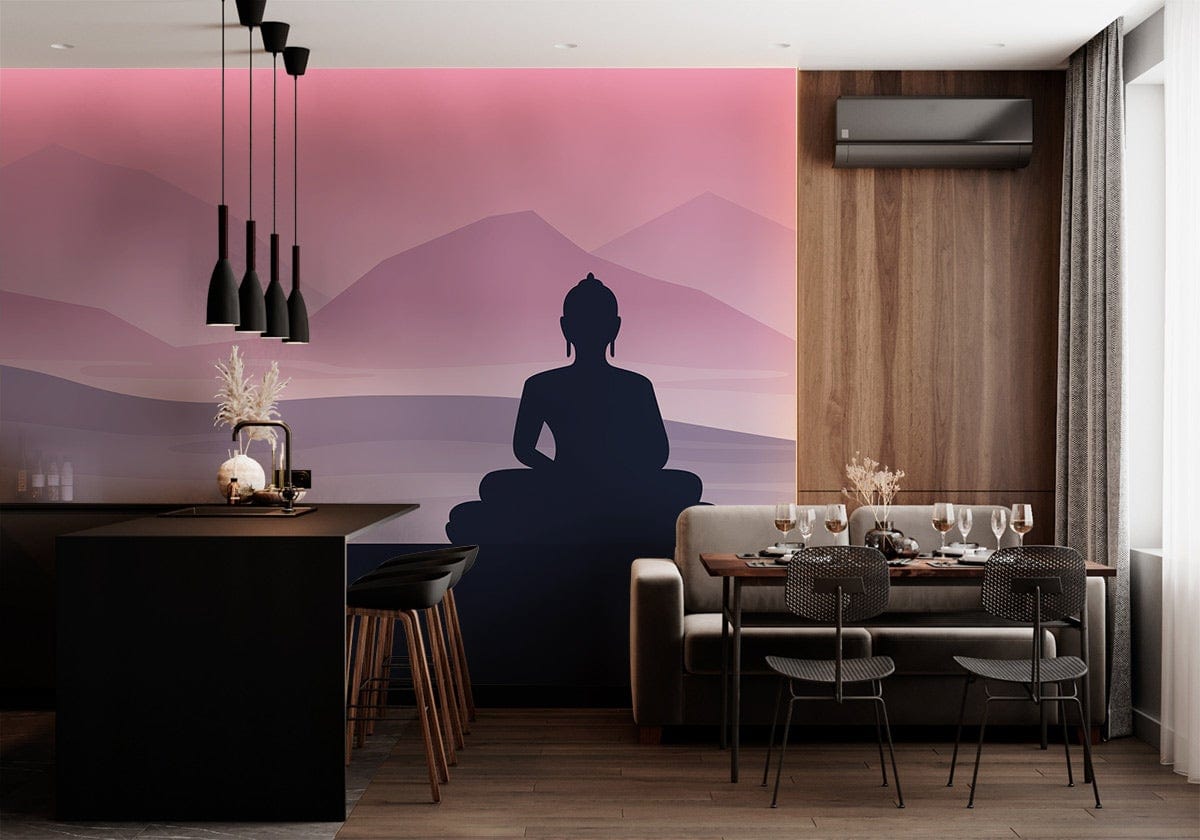 Pink and purple mountain wallpaper in modern dining room with grey sofa, wooden flooring, and pendant lights.