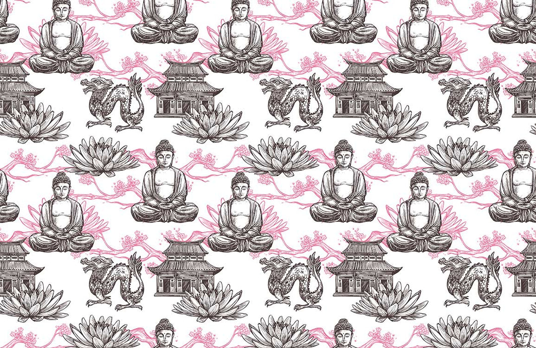 Zen Harmony Oriental Pattern Wallpaper - Pink, Grey, Tranquil Home Décor