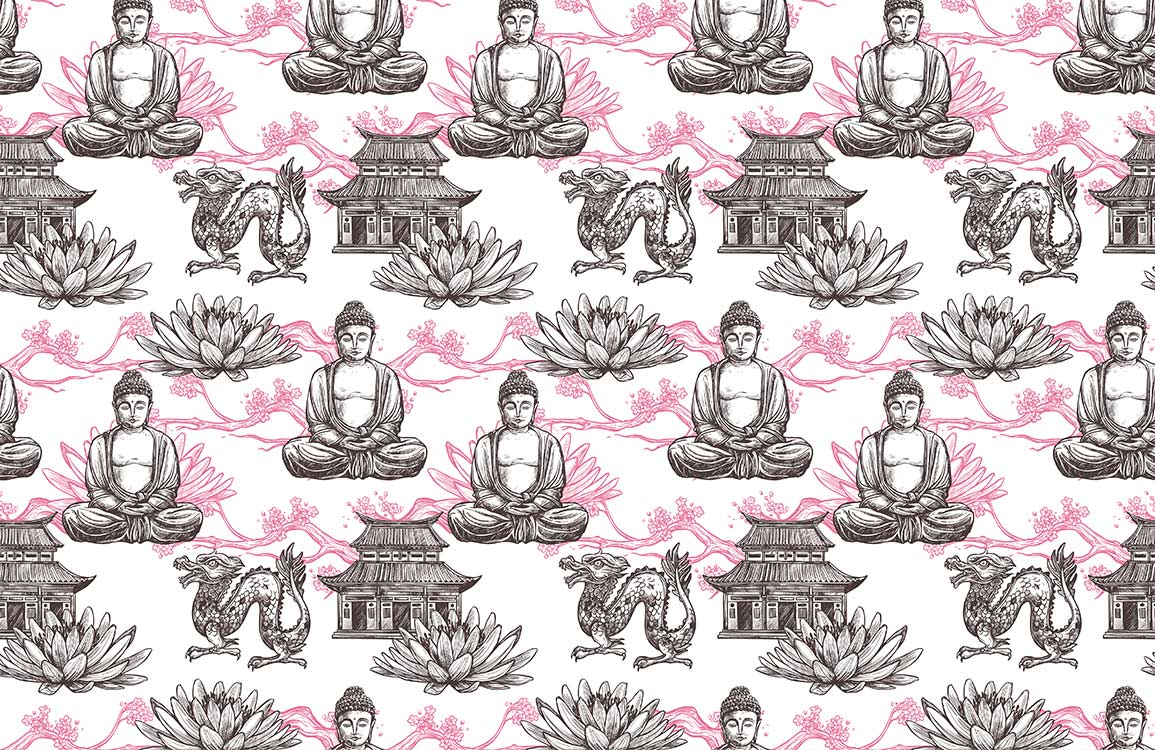 Zen Harmony Oriental Pattern Wallpaper - Pink, Grey, Tranquil Home Décor