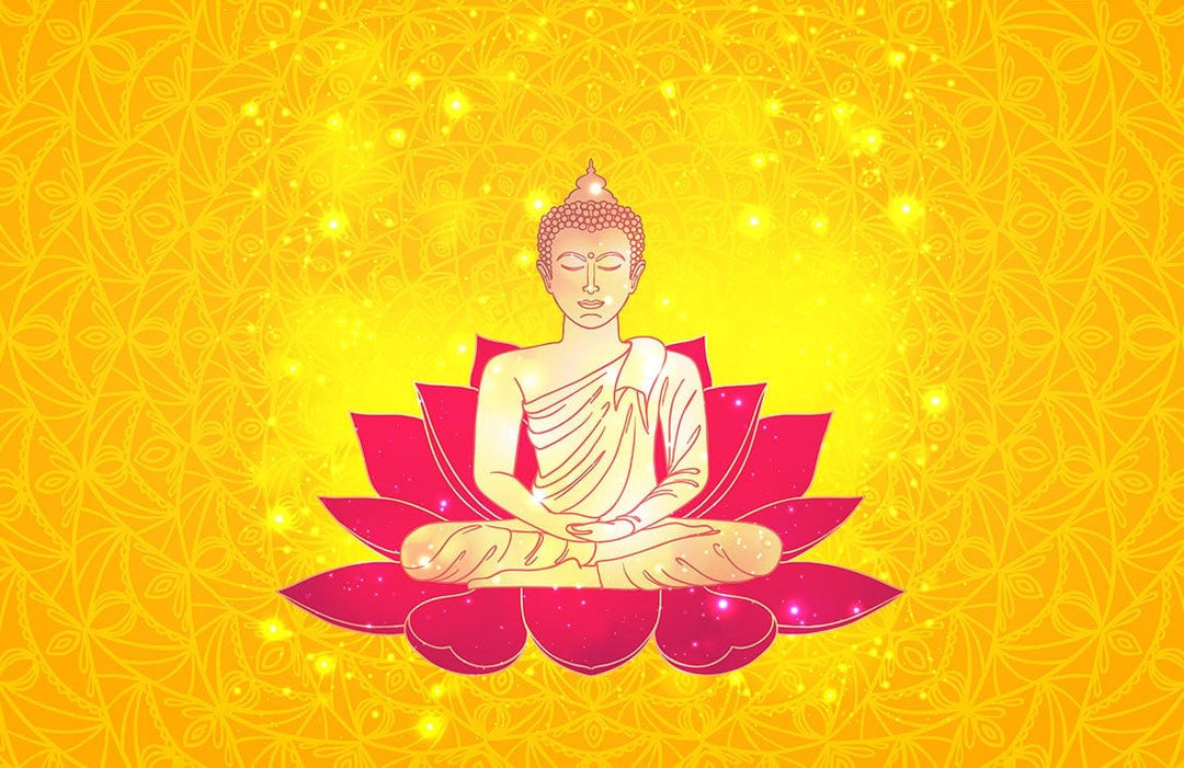 Serene Buddha Meditation Mural Wallpaper in Vibrant Yellow and Pink Lotus
