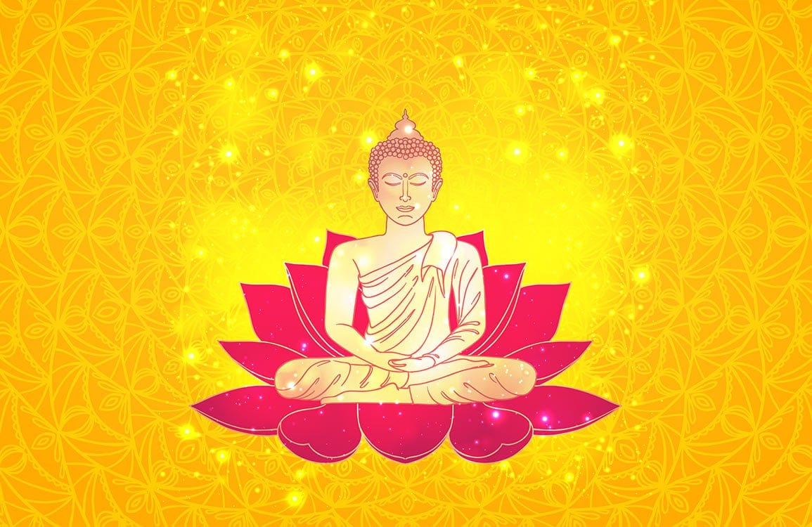 Serene Buddha Meditation Mural Wallpaper in Vibrant Yellow and Pink Lotus