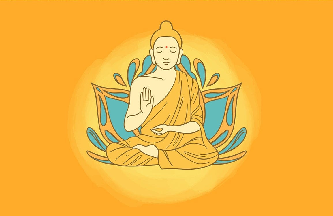 Serene Buddha Meditation Mural Wallpaper in Vibrant Orange and Blue Tones